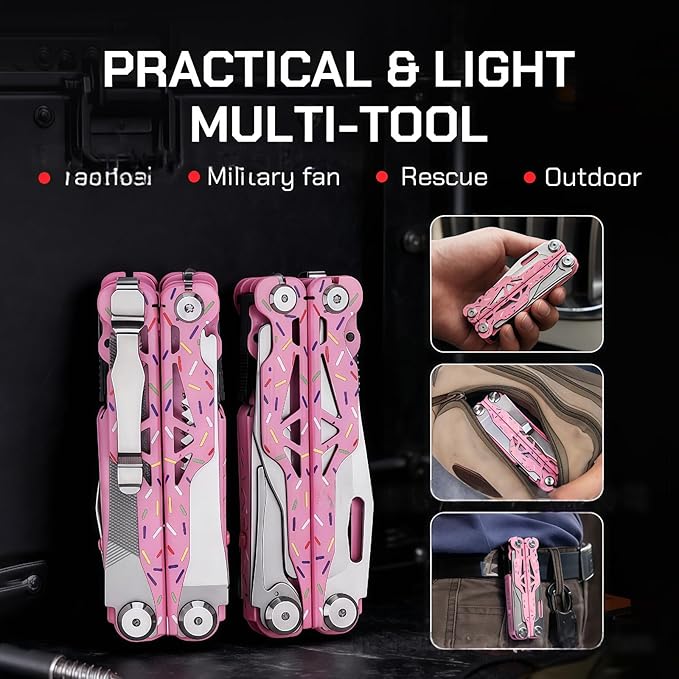 Multitool 15-in-1 Full-Size Lightweight EDC Multi-Purpose Pliers Nylon Bag Camping Knives &amp Tools Tactical Outdoor Gear Mens Gifts Ideas Gifts for Hunters Men who have Everything (Pink)