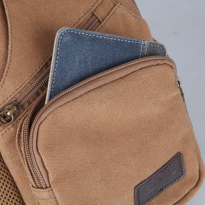 SIMU Sling Bag Pack Canvas Shoulder Sling Backpack Small Crossbody Chest Bag for ipad mini (Large brown)