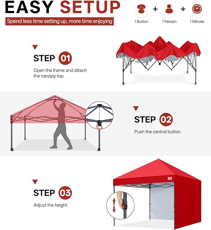 ABCCANOPY Easy Pop up Canopy Tent with 2 Sidewalls for Outdoor Sun Blocking or Rain Protection10x10 Red