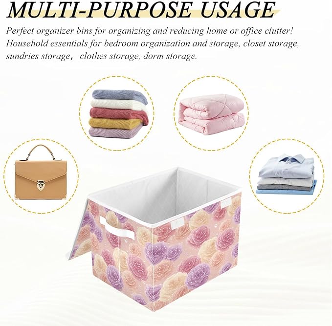 Storage Bins With Lid Stackable Fabric Closet Organizer Clothing Storage Large Boxes For Closet Shelves Bedroom Pink Roses Specks Dots Highlights