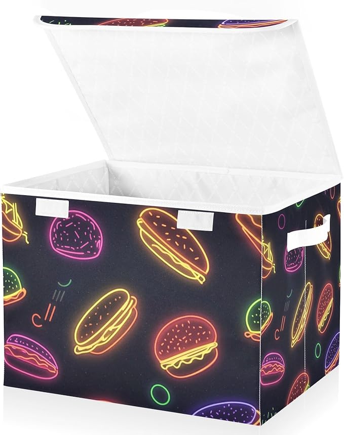 Collapsible Storage Bins with Lids Decorative Fabric Storage Cubes Closet Organizer and Storage Basket Boxes Containers for Clothes Box Chest Nursery Folding Rectangle Neon Burgers Black