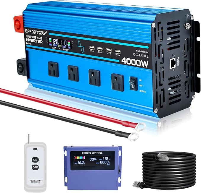 4000w Pure sine Wave Inverter DC 12V to AC 110V/120V Converter 8000w (Peak) with LCD Display Wireless/Wired Remote Control 4AC outlets and 4USB.Ideal for Camping RV Travel Off-Grid Solar Systems