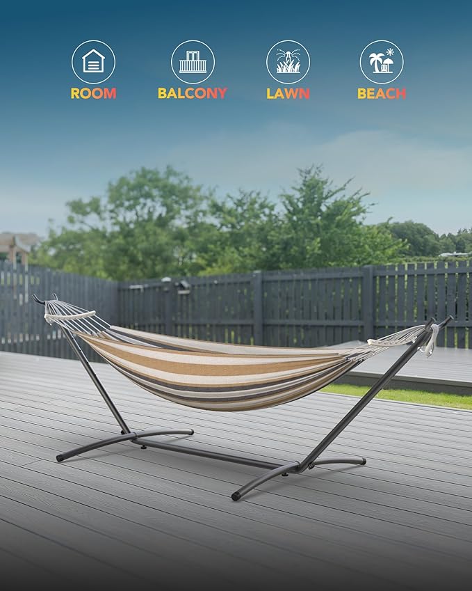 Everyfun Double Hammock with Space-Saving Steel Stand 2 Person Heavy-Duty Hammock for Garden Yard or Outdoor 600lbs Capacity Coffee
