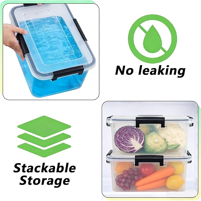 6-Pack 12 Quart Plastic Gasket Box with Seal Lids Watertight Organizing Tote Container Stackable Bin with Secure Latching Buckles Clear