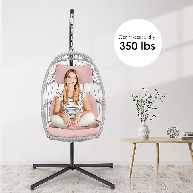 Hanging Egg Chair with Stand - Pink Swing Egg Chairs Wicker Rattan Hammock Chairs for Indoor Outdoor Bedroom Garden - Aluminum Steel Frame and UV Resistant Cushion 350LBS Capacity for Kids Adults