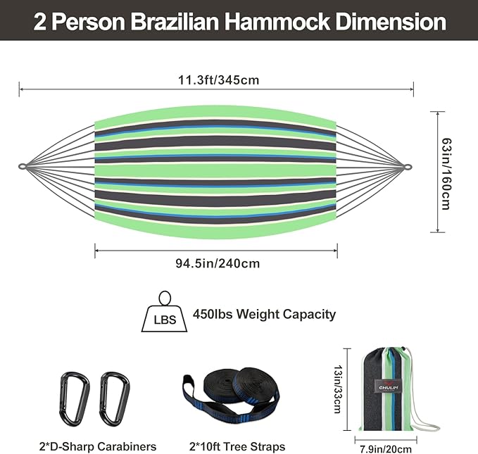 CHULIM Brazilian Double Hammock with Tree StrapsExtra Large 94x63IN2 Persons Hammock for Backyard Patio Outdoor and Indoor450lbs Weight CapacitySoft Woven Cotton Fabric - Black Stripe