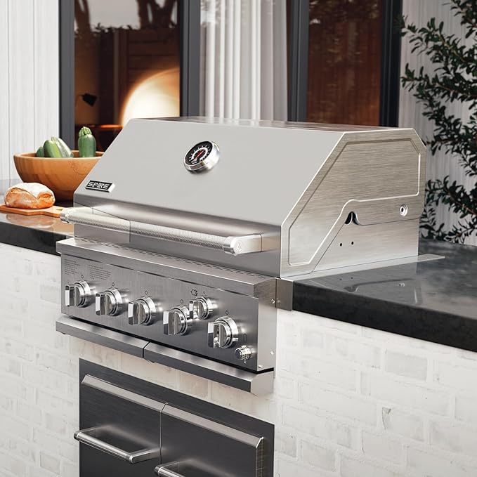 Spire Premium 5 Burner Built In Gas Grill Island Head Stainless Steel 30 Inch Propane Grill with Rear Burner 63000 BTUs 750 SQ In Racks Dual Fuel Compatibility - 740-0788P