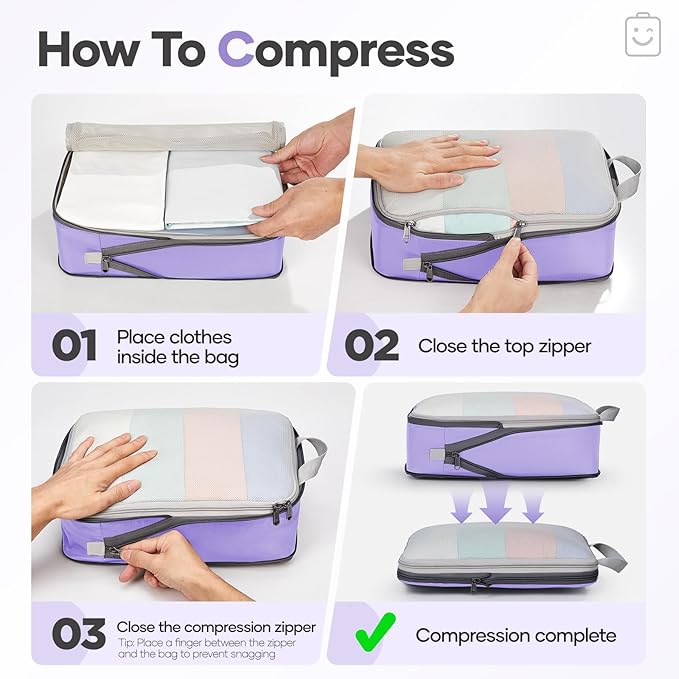 Veken 11 Set Compression Packing Cubes for Travel EssentialsCompressible Expandable Large Luggage Suitcase Organizer Bags for ClothingDurable Space Saver Storage Bags(Light Purple)