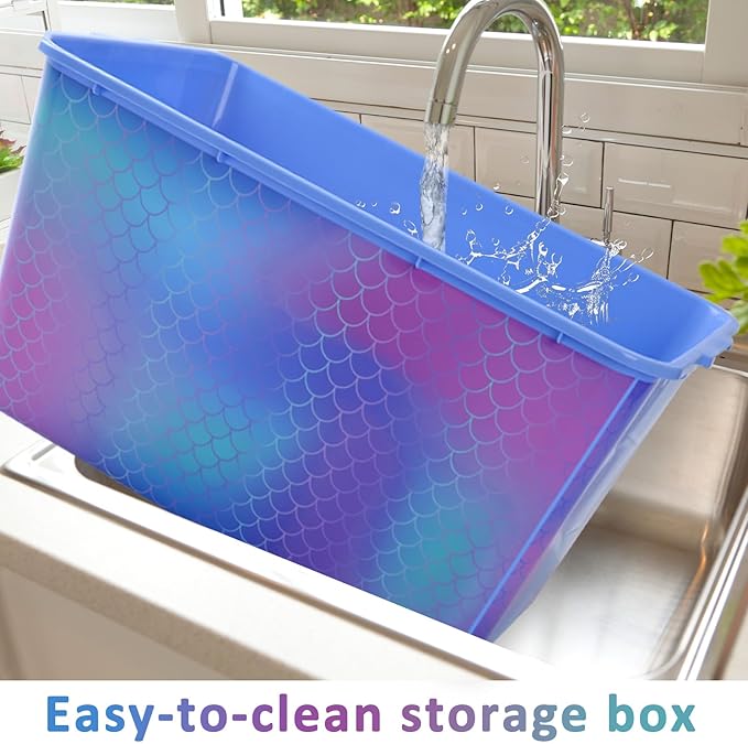 Storage Organizer Bins with Lids - 4PC 58QT Heavy-Duty Container Boxes Stackable and Nestable Storage Bins Plastic Large Storage Totes Rainbow Mermaid Bins for Home Office and Garage