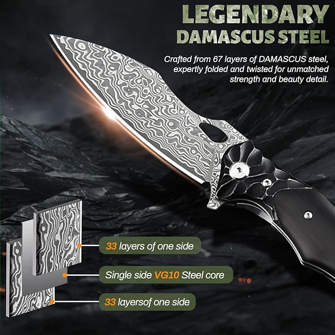 Pocket Knife for Men Hunting knife with sheath Damascus Steel Folding knife with Ebony Wood Handle Survival EDC Knife for Fishing Meat Cutting Tactical Knife for Outdoor Camping Hiking