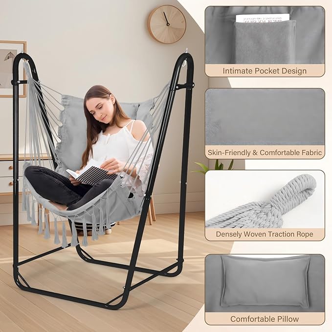 U-Shaped Hammock Chair with Stand Heavy-Duty and Rustproof Hanging Chair with Stand Bohemian Style Tassel Hammock Swing Chair Stand with Headrest and Side Pockets for Yard Garden (Light Gray)
