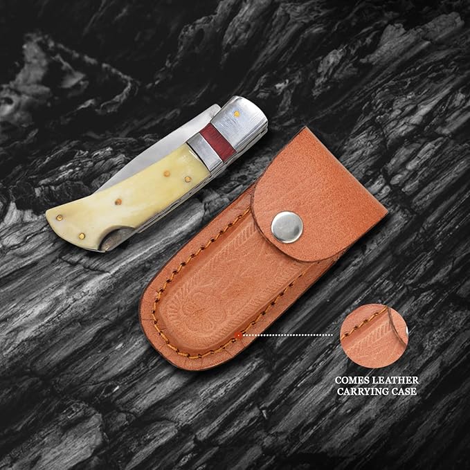 7 Handmade Folding Pocket Knife – 3 440 Stainless Steel Clip Point Blade – Silver Bolster – Genuine Leather Sheath Included (Bone &amp Wood)