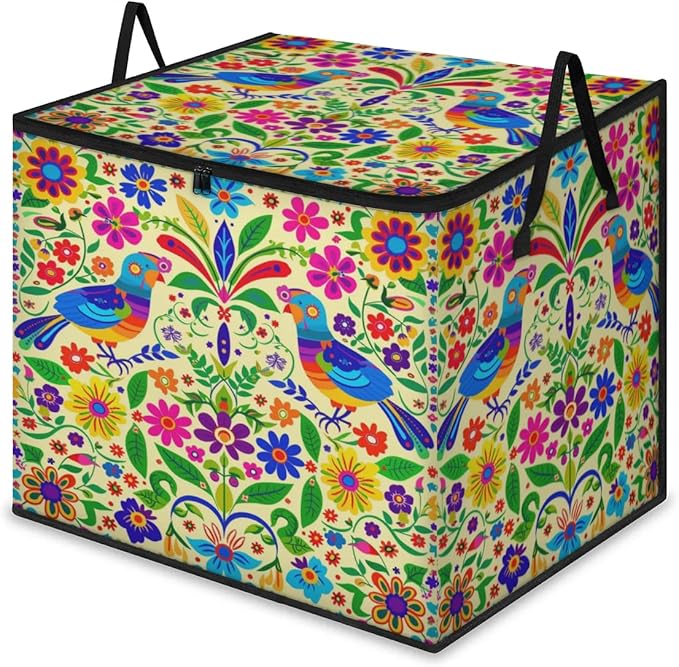 XL Large Clothes Storage with Lid Handle Mexican Large Thick Clothes Blanket Storage Containers for Organizing Bedroom Closet Comforter Organization Storage Mexico Style Floral Bird