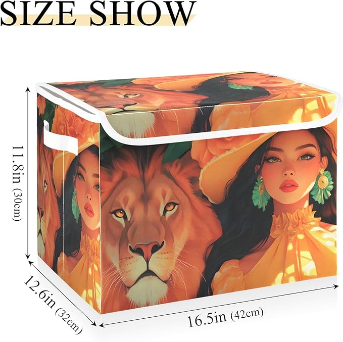 Storage Cube with Lid Lion and Lady Print 16.5×12.6×11.8 IN Collapsible Large Capacity Foldable Storage Basket Bin Organizer