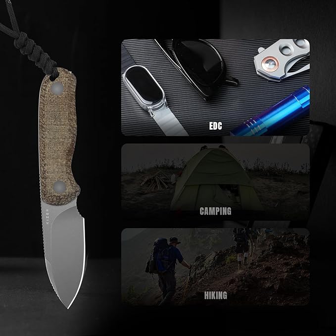 Kizer Drop Bear Fixed Blade Knife 2.57 Gray Stonewash 14C28N Blade EDC Camping Knife with Brown Burlap Micarta Handle &amp Hidden Tools Full Tang Hunting Knives with Adjustable Kydex Sheath 1094A