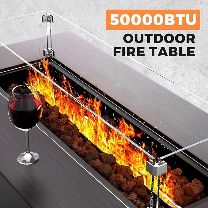 Fire Pit Table 50000 BTU 42 Rectangular Propane Fire Pit Outdoor with Wind Guard Glass Lid Rocks and Cover Gas Fireplace for Deck or Patio