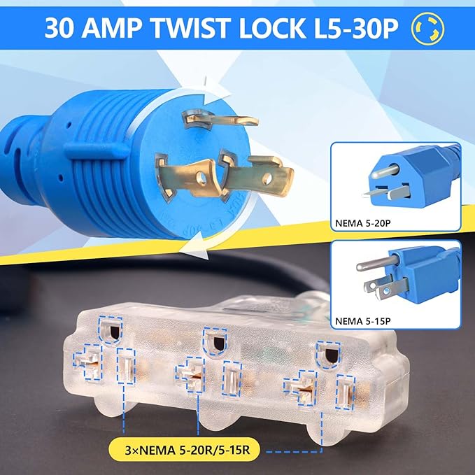 30 Amp to 110 Adapter 25FT Locking 30 Amp Generator Cord with Circuit Breaker NEMA L5-30P Male to 3X 5-20 Female 12/3 Guage 3 Outlet Adapter ETL Listed Generator Adapter Cord
