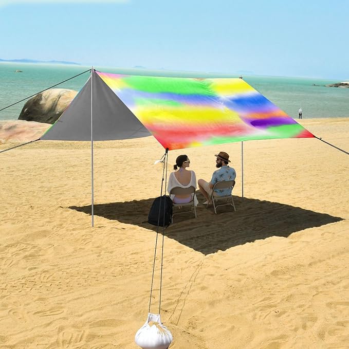 Beach Canopy with Windproof Ropes &amp Sandbags Beach Tent Sun Shade Sun Shelter for Camping Trips Fishing Backyard Fun or Picnics Rainbow Stripes