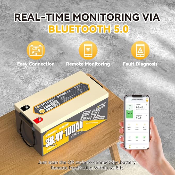 Power Queen LiFePO4 Battery 36V 100Ah Bluetooth Lithium Battery 15000+ Cycles Group 8DLow Temp Protection for 36V-72V Electric Outboard Motors Marine Golf Cart E-Z-GO TXT Off-Grid Home Energy