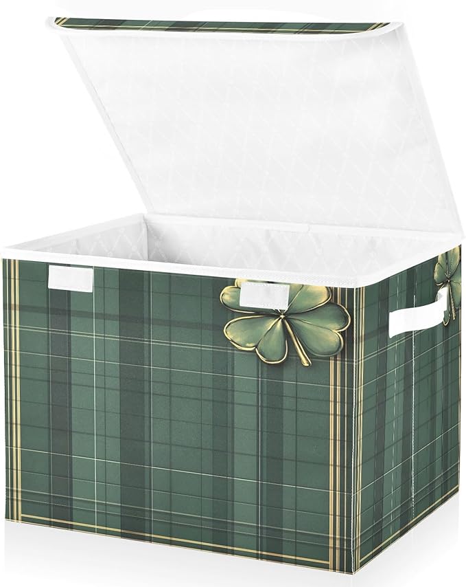 Christmas Storage Baskets with Lids Green Plaid Clover Collapsible Bins Stackable Fabric Linen Baskets Closet Organizer Container 16.5x12.6x11.8