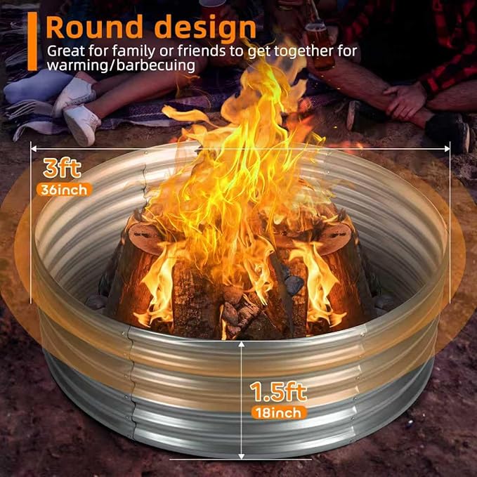 36 inch Fire Pit Ring Galvanized Fire Ring 1.5ft high Wood Burning Fire Pits Ring Outdoor Fireplace Height 24 Inch Round Camp Fire Ring Bonfire Pit for Camping Backyard (3x3x1.5FT)
