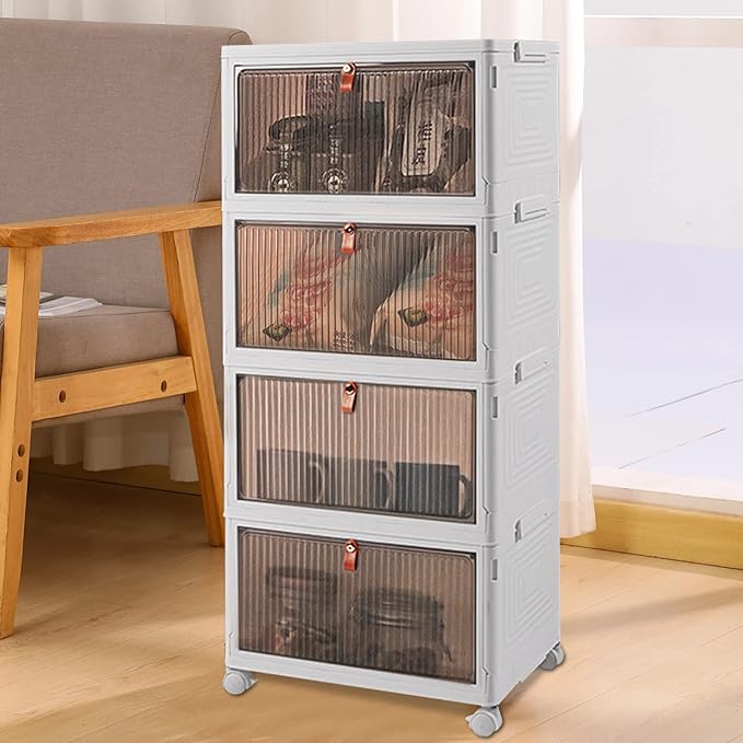 Ergocar Foldable Storage Boxes Transparent Plastic Storage Boxes with Lid Stackable Large Capacity Organiser Thick and Durable for Bedroom Wardrobe Office Garage