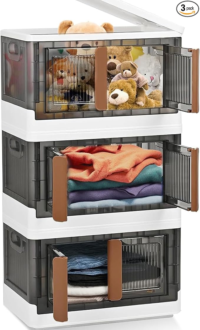 Stackable Storage Bins with Lids Set of 3 Plastic Storage Container for Clothes8.5 GAL Collapsible Storage Bins with Lids for Easy Home Organization Storage Bins with Lids for Versatile Use (3)