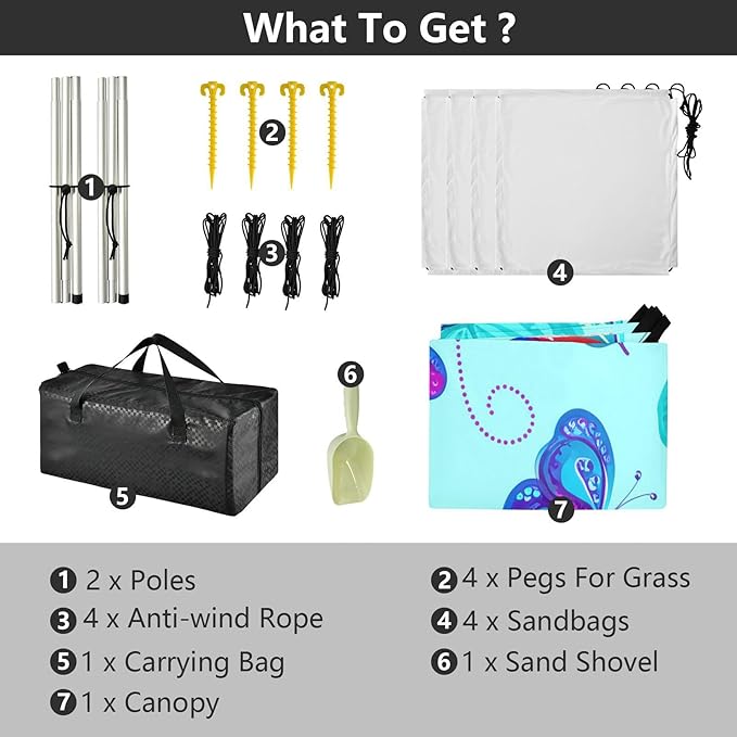 xigua Butterflies Beach Tent Sun Shelter with Carrying Bag - Silver Coated Oxford Fabric Beach Canopy for Beach Camping Fishing - Includes Windproof Ropes Sandbags &amp Stakes