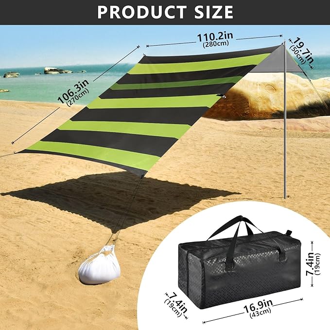 ALAZA Black Green Stripe Beach Tent Sun Shelter Portable Canopy Sunshade for Outdoor Camping Picnics Backyard Fun 10x9 ft