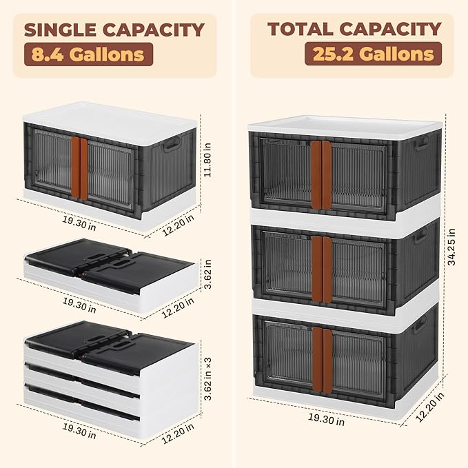 3 Pack 8.4 Gallon Collapsible Storage Boxes Lidded Storage Box with Door and Wheels for Books Towels and Clothes Folding Storage Box for Home White