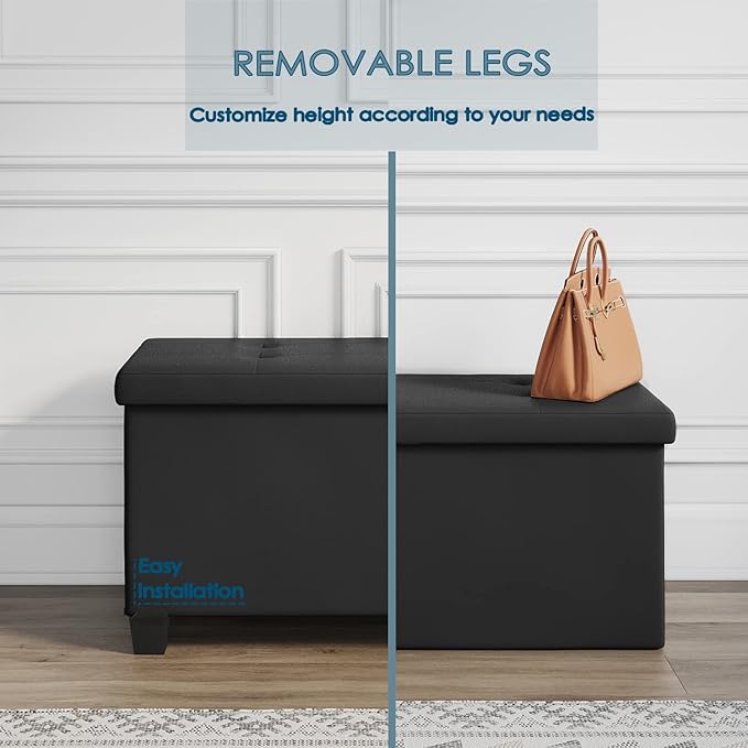 Storage Ottoman Bench with Storage Bins 30-in Storage Bench for Bedroom End of Bed Folding Foot Rest Ottoman with Storage for Living Room Storage Chest Max 660lbs Faux Leather Ottoman Black