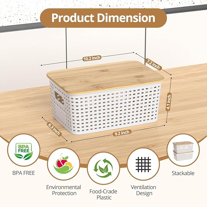 Plastic Storage Baskets with Bamboo Lids Stackable Small Box Bins for Organizing and Containers for Shelves Drawers Desktop Closet Pantry Classroom Office Home 6 Pack 10.2x7.2x4.1 Inch White
