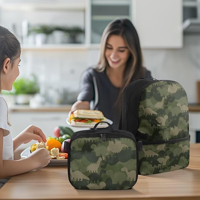 Green Camo Backpack with Lunch Box Dinosaur Bookbag with Adjustable Shoulder Strap Lightweight School Bag for Men Lightweight Satchel Bag for Travel
