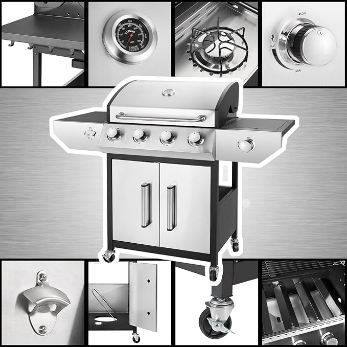 Kendane 4-Burner Propane Gas BBQ Grill with Side Burner Barbecue Gas Grill with Enameled Cast Iron Grates for Outdoor Patio Garden Barbecue 53000 BTU Stainless Steel Grill Cover included