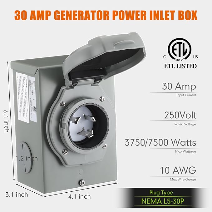 Kanayu 25FT 30 Amp RV Generator Cord and Power Inlet Box Compatible with NEMA TT-30P to L5-30R Lock Generator Extension Cord with LED Indicator Pre-Drilled L5-30P Generator Inlet Box ETL Listed