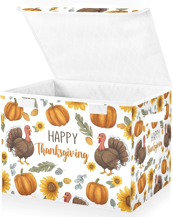 Storage Bins with Lids Storage Containers Box Organizer Bin Basket with Handles for Closet Shelves Clothes Stackable Foldable Decorative Thanksgiving Turkeys Sunflowers White