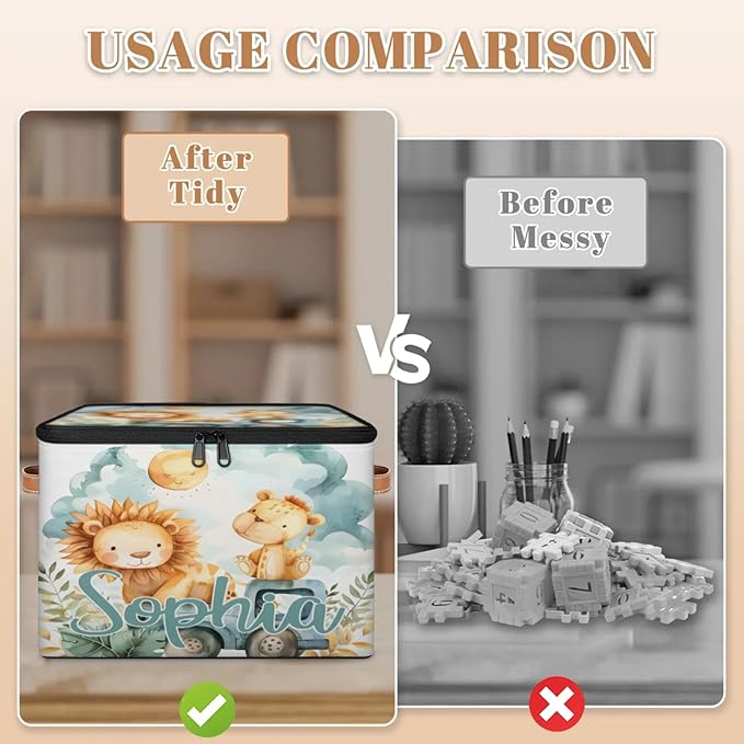 Custom Storage Basket with Name Personalized Storage Bins with Zipper Lid Foldable Fabric Storage Box Large capacity with Handle Lion Car