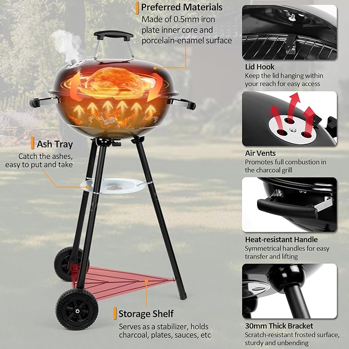 18 inch Kettle Charcoal Grills Leonyo Portable BBQ Charcoal Grill for Outdoor with Cover &amp Chimney Starter Griddle Accessories for Camping Patio Backyard Cooking - 254 Sq.in