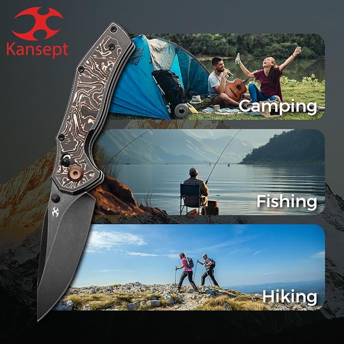 KANSEPT Apollo Pocket Knive 3.11Blackwash CPM S35VN Blade Titanium inlaid Copper Fatcarbon Handle with Thumb Stud Cross Bar Lock Folding for Men Women Sharp Camping Survival Hiking Knives K2107V3