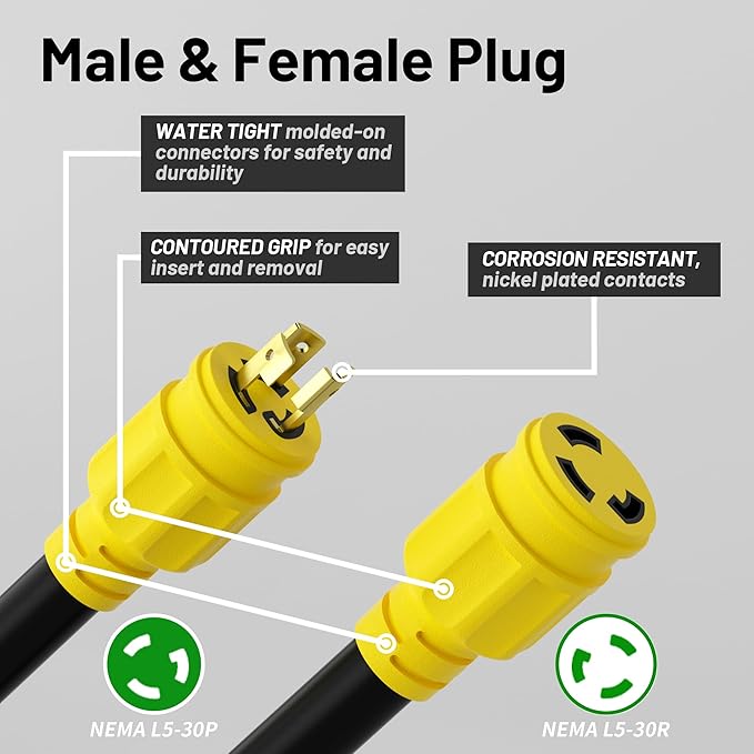 Vockjour 30 Amp Generator Extension Cord 3 Prong 25FT NEMA L5-30P/L5-30R 10 Gauge Extension Cord Yellow Twist Lock Generator Power Cord Heavy Duty STW 125V 3750W ETL Listed