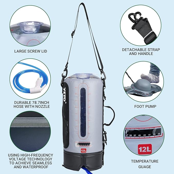 yETO 12L/3.17 Gallons Portable Camping Shower Portable Shower for Camping Camp Shower Solar Shower Outside Shower with Pressure Foot Pump and Handy Nozzle Camping Showers Camping Shower Bag GREY-12L