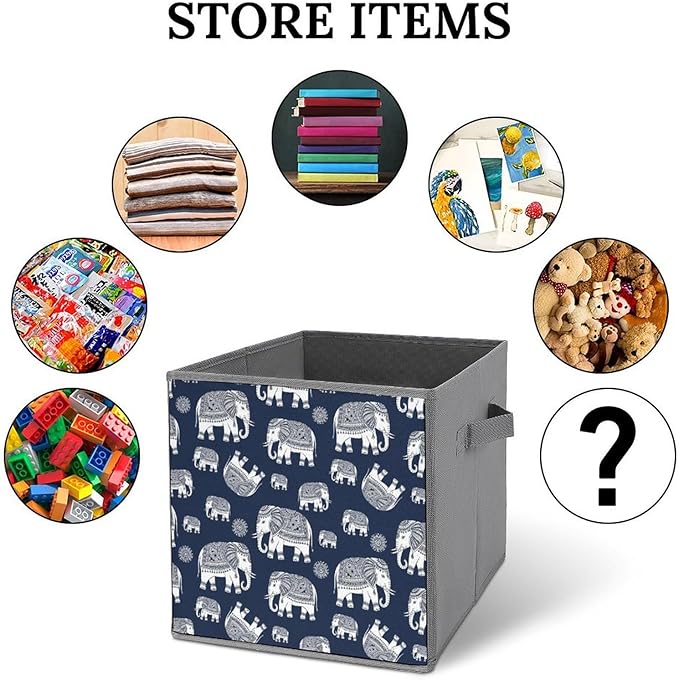 Foldable Cube Storage Organizer with Handles Navy Elephant Durable Collapsible Fabric Bin for Travel &amp Camping Portable Organizer for Gear &amp Supplies
