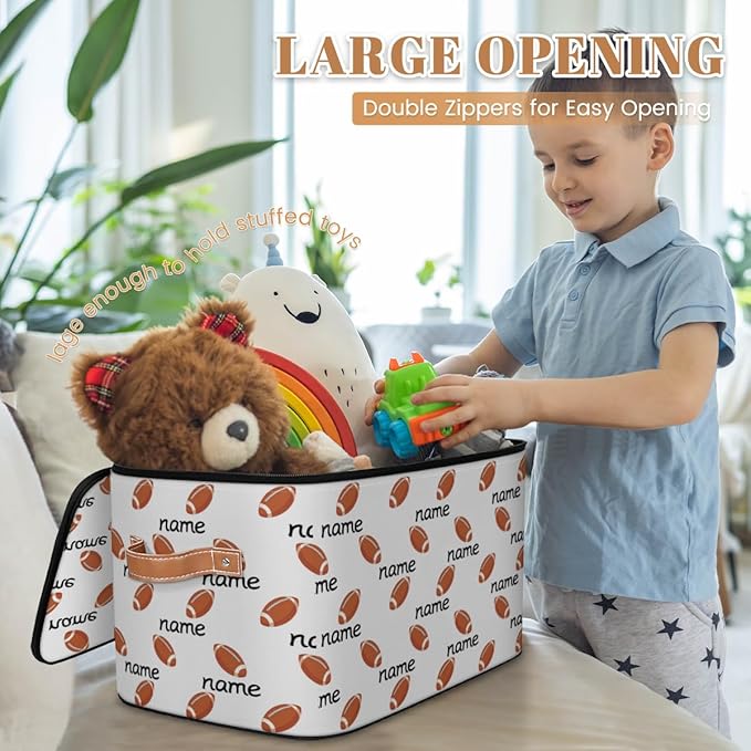 Custom Storage Bins with Zipper Lid Football Personalized Foldable Storage Baskets Brown Closet Shelf Clothes Organizer Cube with PU Leather Handles