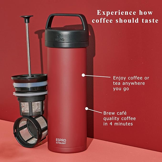 ESPRO Go P0 Ultralight French Press Coffee Maker for Travel Vacuum Insulated Stainless Steel 16 Ounces Cranberry