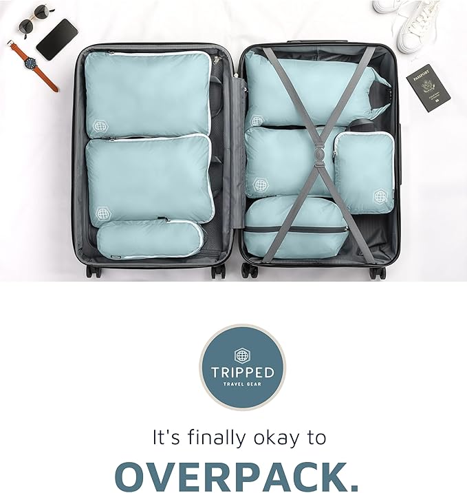 Large Compression Packing Cubes for Travel-Packing Cube Luggage Organizers 7 Piece Set for Checked Luggage-Ultralight Expandable/Compression Bags by TRIPPED Travel Gear (DustyTeal/White)