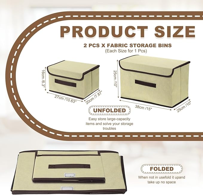 uxcell 2Pcs Storage Bin with Lid Fabric Foldable Box Decorative Storage Boxes with Lids for Keepsake Shelf Closet Nursery Home Bedroom(Beige White S &amp L Size)