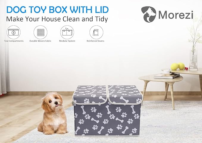 Pet Toy Storage Box with Lid Basket Organizer - Perfect Collapsible Bin for Living room Playroom Closet Home Organization - Bone Paw