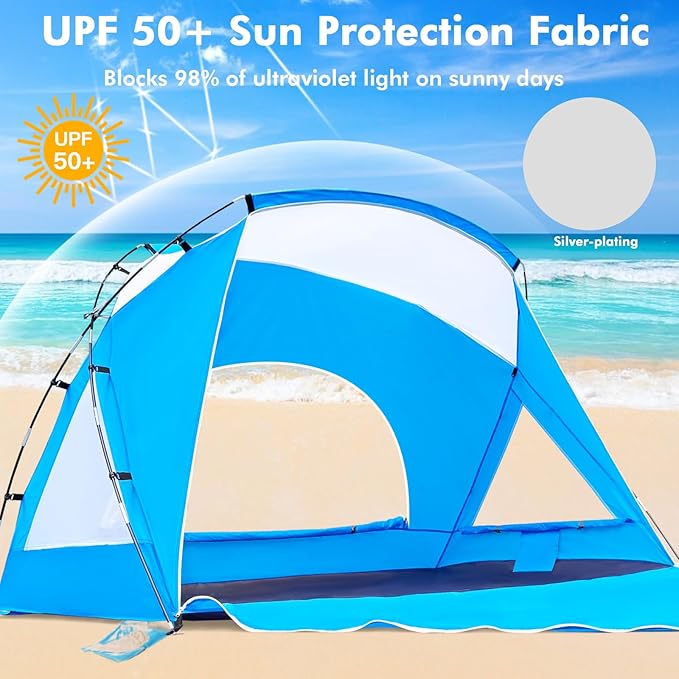 Beach Tent Portable Sun Shelter for 2/3/4/6-8 Person with UPF 50+ UV Protection Easy Setup Waterproof Beach Shade Canopy Cabana for Family Outdoor and Picnics Fishing with Carrying Bag