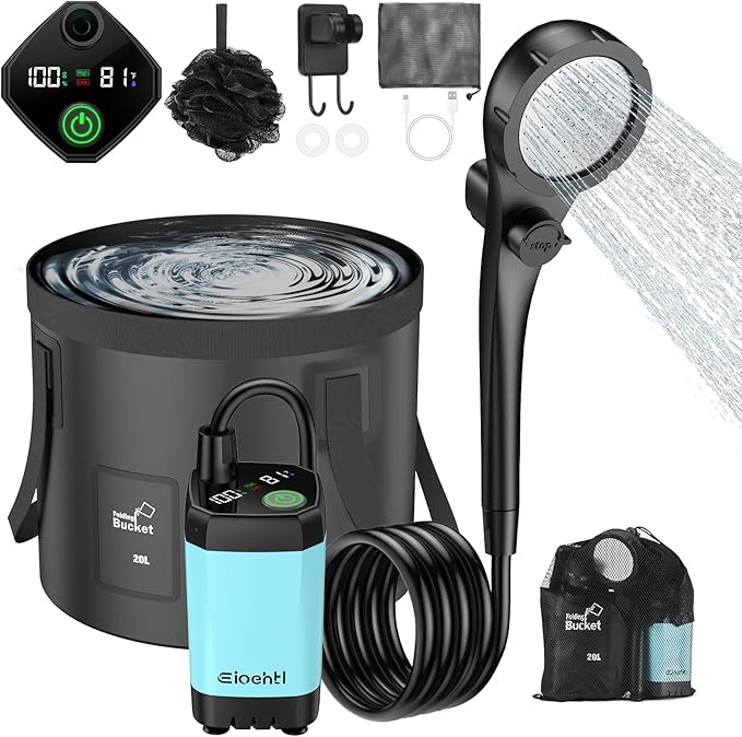 Portable Camping Shower 6000mAh Camping Shower with LED Display Camp Shower with 5 Gallons Collapsible Bucket portable shower with 3 Spray Modes for Hiking Travel Car Pet