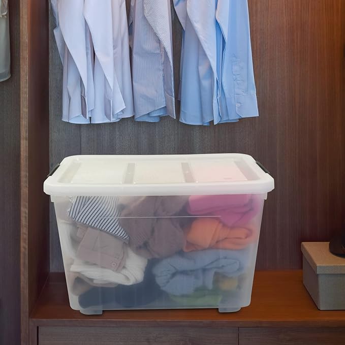 4 Packs 70L Large Plastic Storage Container with Wheels and Latching Lid Stackable Storage Containers Bin Clear